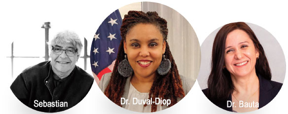 Collage of Sebastian, Dr. Duval-Diop, and Dr. Bauta